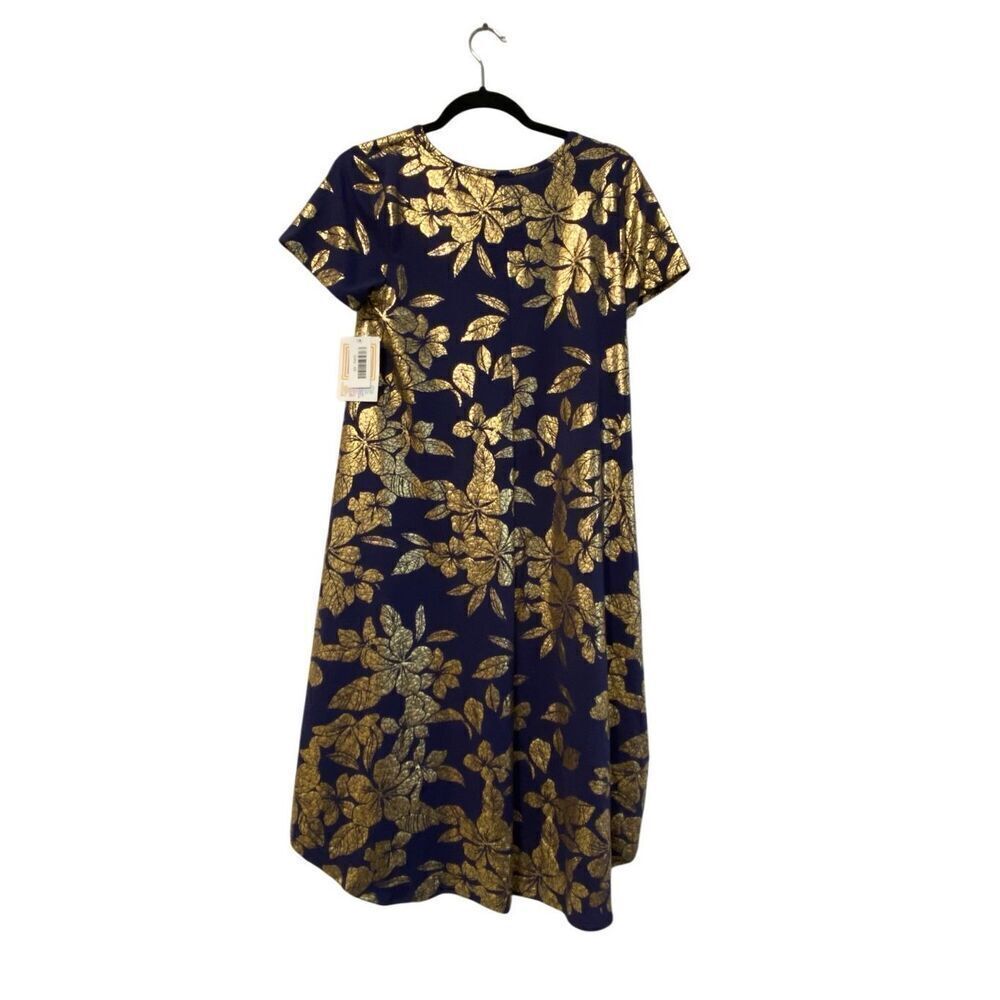 LuLuRoe Womens CARLY Swing Dress Short Sleeve Blue Gold Metallic Hi Lo XS NEW